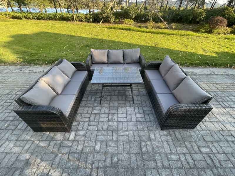 Fimous 9 Seater Wicker Rattan Garden Furniture Set with Rectangular Dining Table Patio Outdoor Lounge Sofa Set