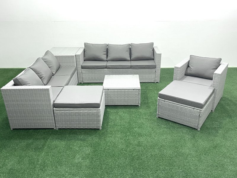 Fimous Wicker PE Rattan Sofa Garden Furniture Set with Armchair Square Coffee Table 2 Big Footstools Side Table Light Grey Mixed