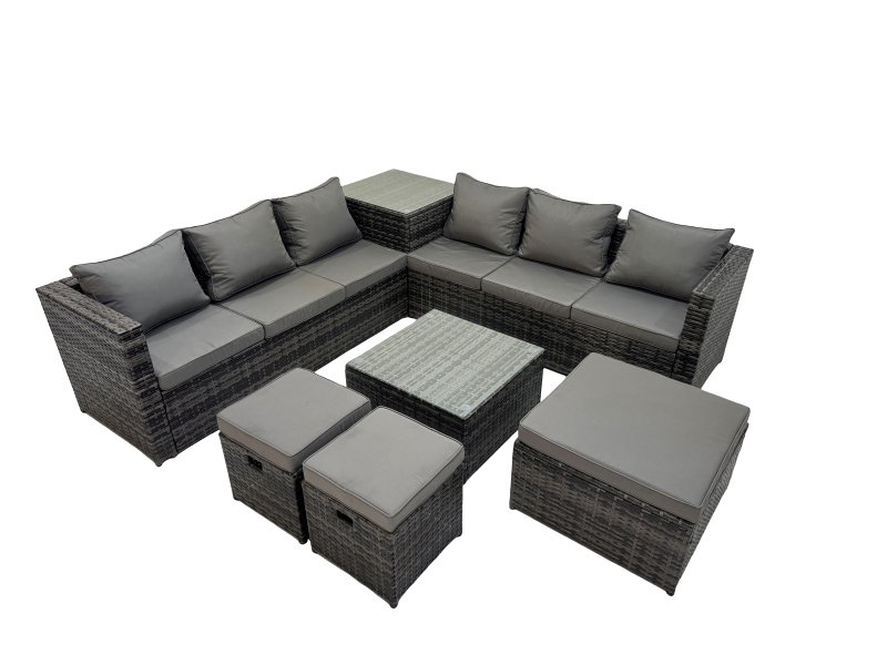 Fimous 9 Seater Garden Outdoor Rattan Furniture Set Patio Corner Sofa Coffee Table with 3 Stools Dark Grey