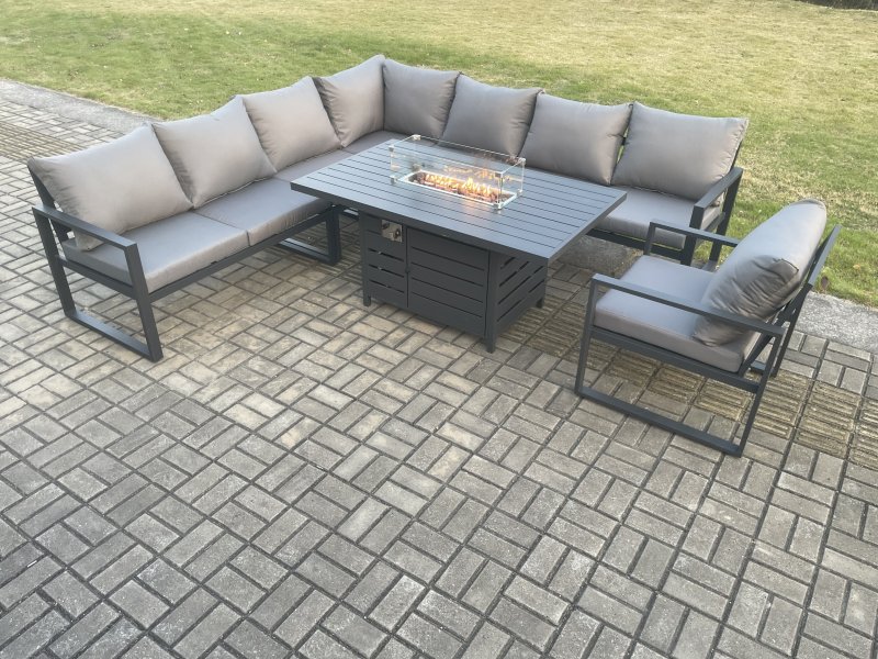 Fimous Aluminium 7 Pieces Garden Furniture Corner Sofa Set with Cushions Gas Fire Pit Dining Table Set Gas Heater Burner with Chair Dark Grey