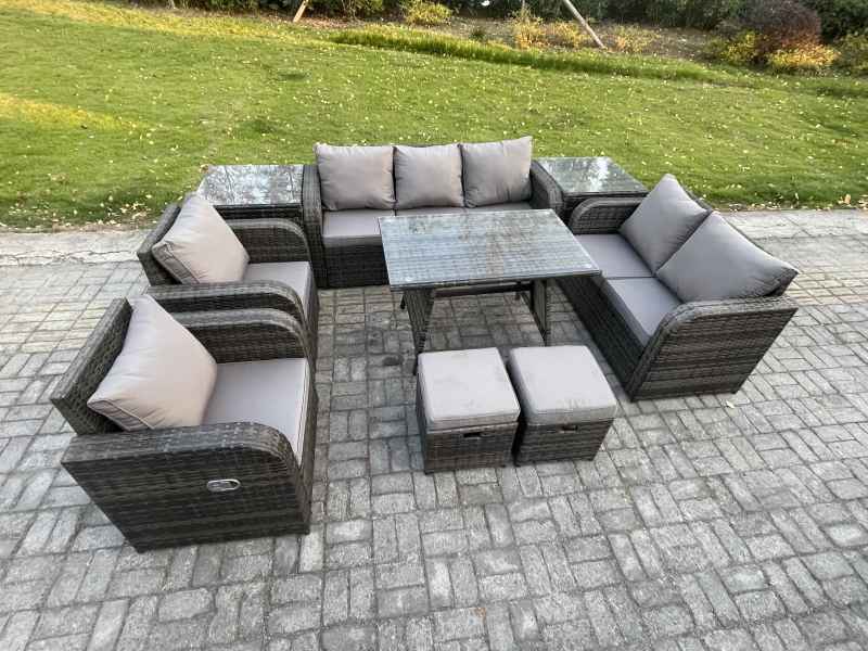 Fimous Outdoor Rattan Garden Furniture Set 9 Seater Patio Lounge Sofa Set with Dining Table 2 Small Footstools 2 Side Tables Dark Grey Mixed