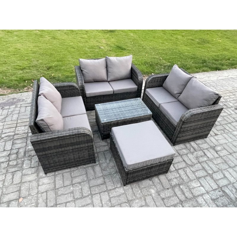 Fimous Outdoor Garden Furniture Sets 7 Seater Wicker Rattan Furniture Sofa Sets with Rectangular Coffee Table Love Sofa Big Footstool Dark Grey Mixed