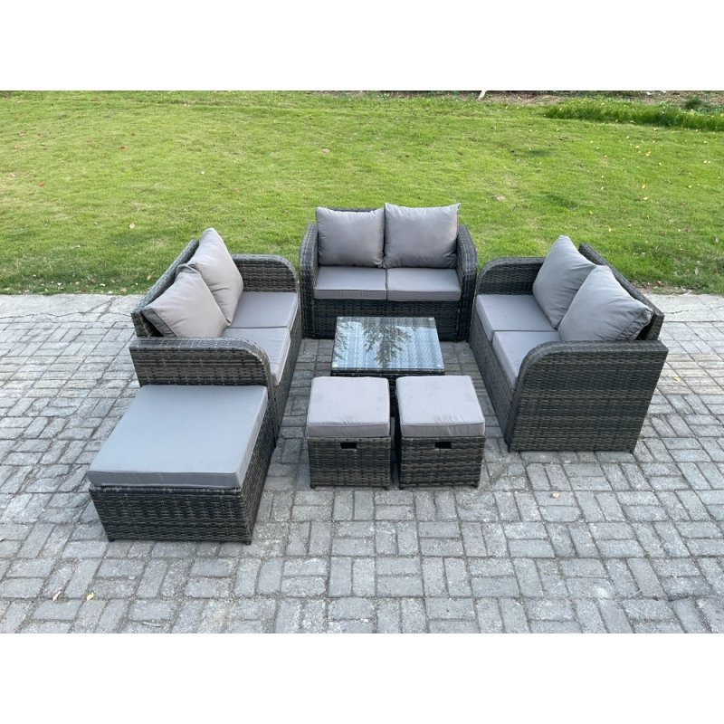 Fimous 9 Seater Outdoor Garden Furniture Sets Wicker Rattan Furniture Sofa Sets with Square Coffee Table Love seat Sofa 3 Footstools