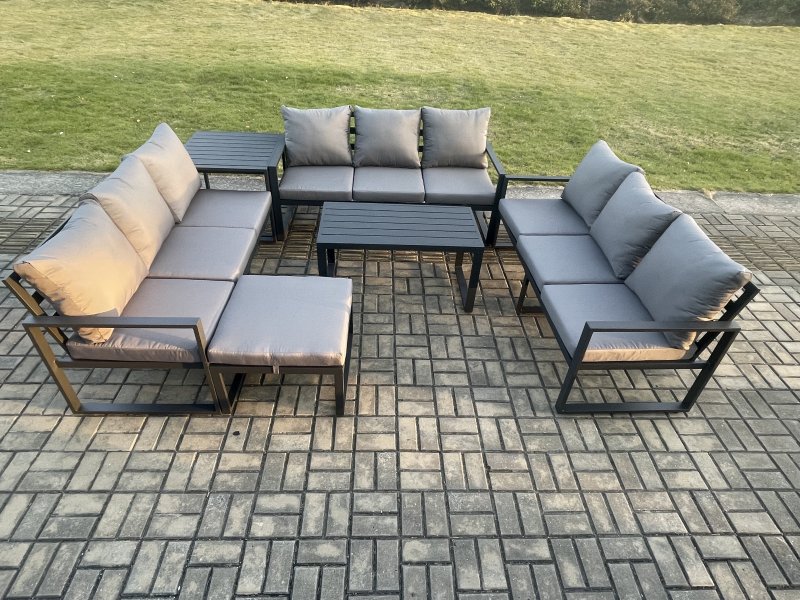 Fimous Aluminium 10 Seater Outdoor Garden Furniture Set Lounge Sofa Oblong Coffee Table Big Footstool Side Table Sets with Cushions Dark Grey