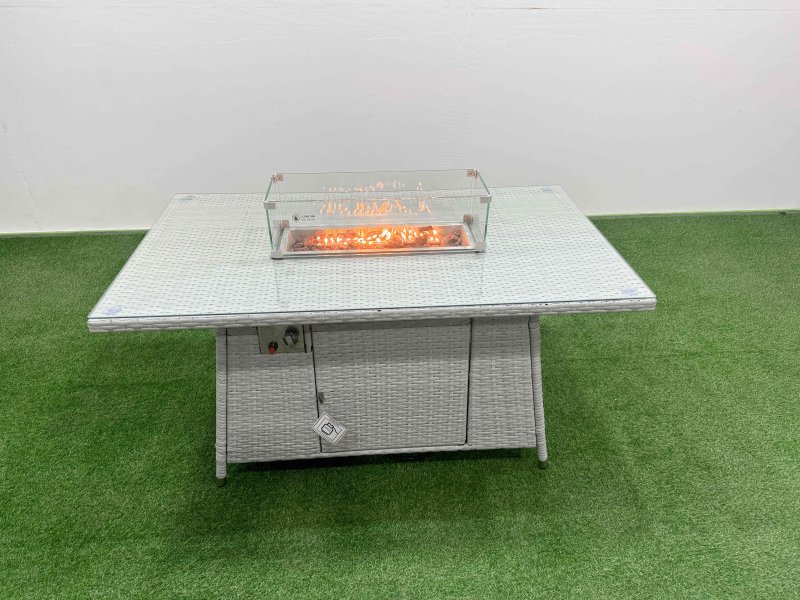 Fimous 10 Seat PE Rattan Lounge Sofa Set Outdoor Garden Furniture Set with Firepit Dining Table 3 Seater Sofa Side Table 2 Big Footstool Light Grey