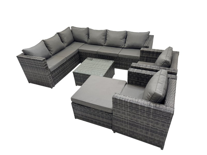 Fimous Rattan Garden Furniture Patio Furniture Sets with Corner Sofa Square Coffee Table Big Stool Dark Grey Mixed