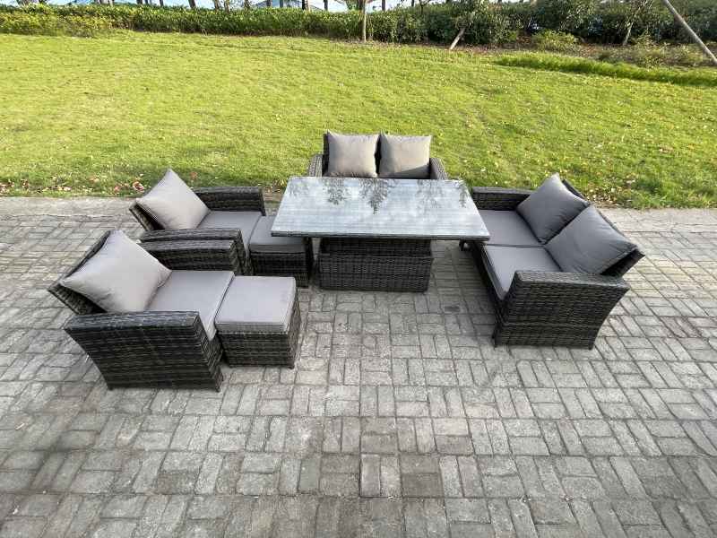 Fimous Rattan Garden Furniture Sets Patio Outdoor Rising Lifting Table Sofa Set with Double Seat Sofa 2 Small Footstools Dark Grey Mixed