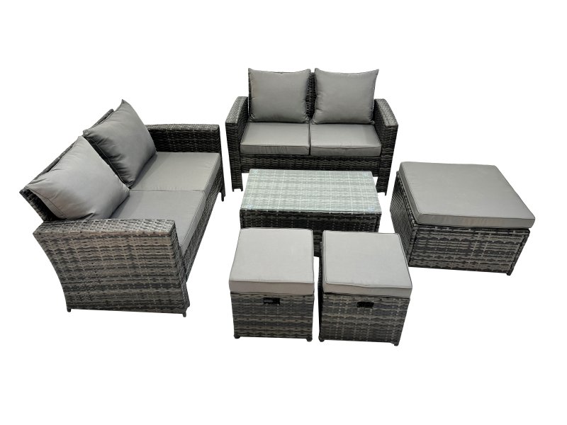 Fimous PE Rattan Garden Furniture Set Lounge Double Seat Sofa Coffee Table Set with 3 Stools Dark Grey MixedMixed