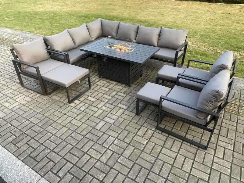 Fimous Aluminium 11 Pieces Garden Furniture Corner Sofa Set with Cushions Gas Fire Pit Dining Table Set with 3 Chairs 3 Footstools Dark Grey