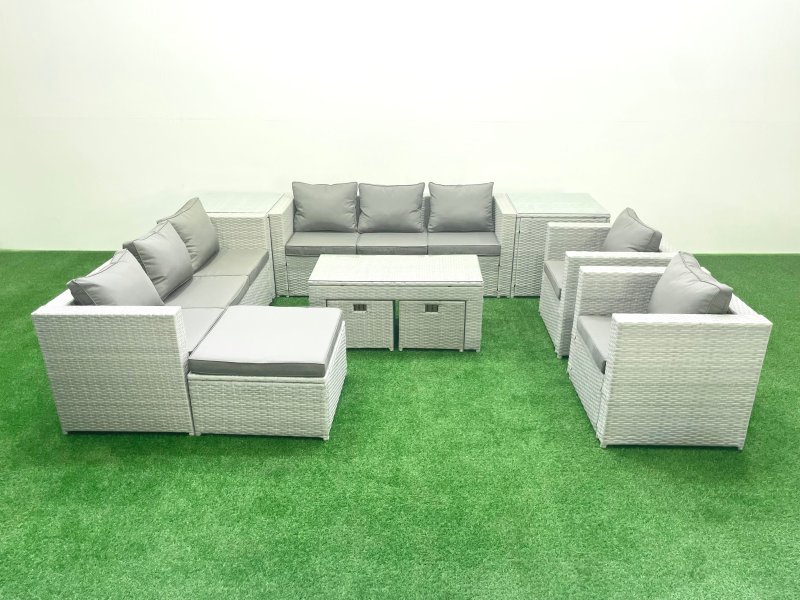 Fimous Outdoor Garden Furniture Rattan Sofa Set with 2 Armchairs Oblong Coffee Table 3 Footstools 2 Side Tables Light Grey Mixed