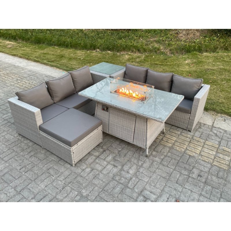 Fimous Light Grey Corner Rattan Fire Pit Garden Furniture Set Gas Heater Burner Lounge Sofa With Side Coffee Table Big Footstool