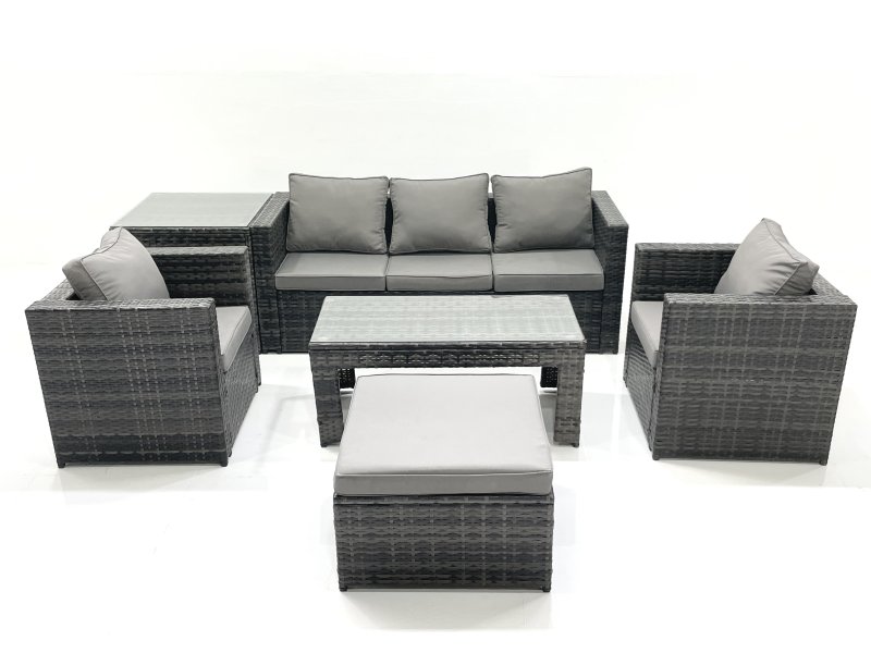 Fimous Rattan Garden Furniture Set Outdoor Lounger Sofa with Coffee Table 2 Armchair Big Footstool Side Table Dark Grey Mixed