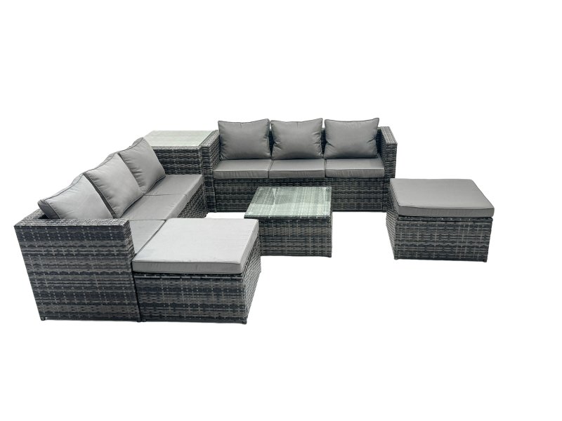 Fimous Outdoor Rattan Garden Furniture Set 8 Seater Patio Lounge Sofa Set with Square Coffee Table Side Table 2 Big Footstools Dark Grey Mixed