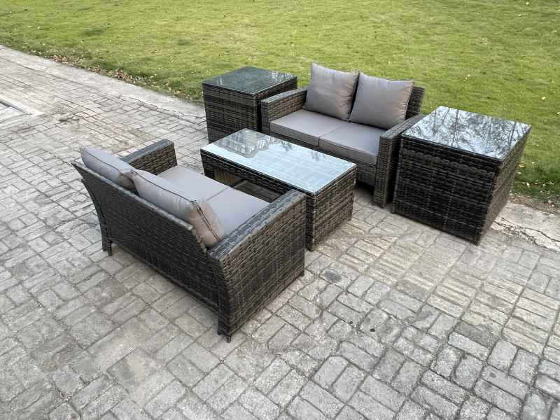 Fimous High Back Rattan Garden Furniture Sofa Sets with Rectangular Coffee Table 2 Side Tables Dark Grey Mixed