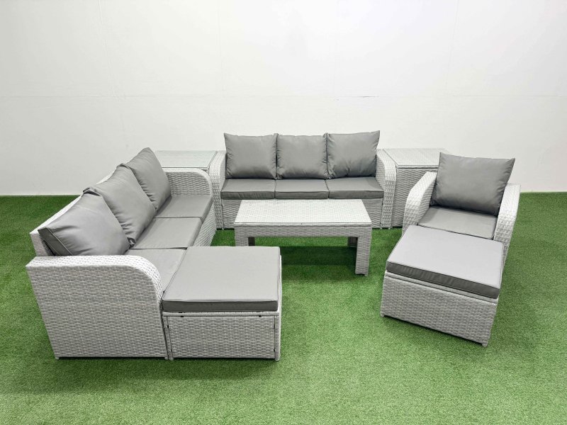 Fimous 9 Seater Poly Rattan Outdoor Garden Furniture Oblong Coffee Table Sofa Set Patio 3 Seater Sofa Reclining Chair 3 Seater Sofa 2 Big Footstools 2 Side Table Light Grey