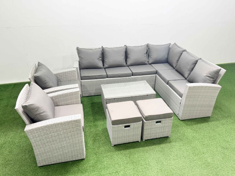 Fimous Garden Outdoor PE Rattan Furniture Set 10 Seater Rattan Garden Sofa Set with 2 Small Footstools Light Grey Mixed