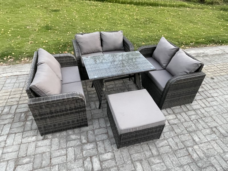 Fimous Rattan Garden Furniture Set 7 Seater Patio Outdoor Love Sofa Set with Rectangular Dining Table Big Footstool Dark Grey Mixed