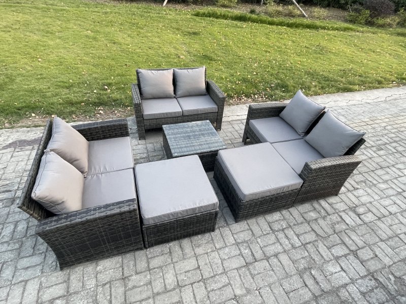 Fimous 8 Seater Outdoor Rattan Garden Furniture Set Conservatory Patio Sofa Coffee Table Set with 2 Big Footstool Dark Grey Mixed