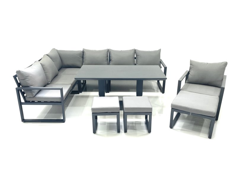 Fimous Aluminum Outdoor Garden Furniture Set Corner Sofa Chair 3 Footstools Adjustable Rising Lifting Dining Table Sets Dark Grey