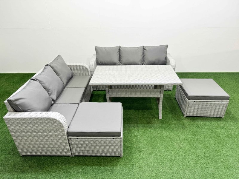 Fimous Outdoor Garden Furniture Sets 8 Seater Wicker Rattan Furniture Sofa Sets with Rectangular Dining Table high Back Lounge Sofa 2 Big Footstool Light Grey
