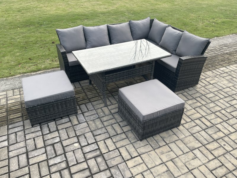 Fimous 8 Seater Outdoor Furniture Garden Dining Set Rattan Corner Sofa Set with Rectangular Dining Table Big Footstool Dark Grey Mixed