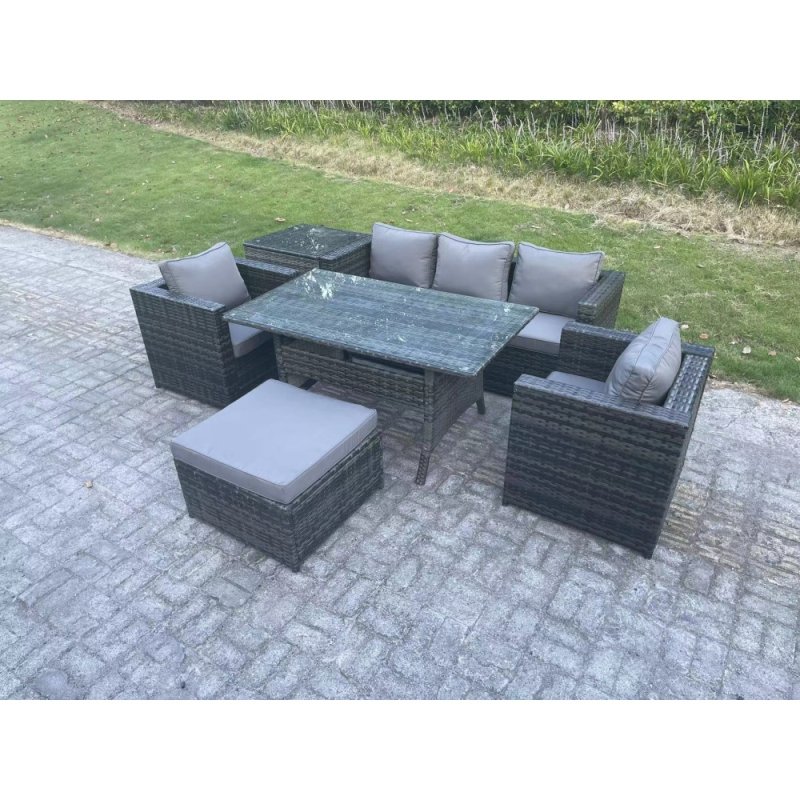 Fimous PE Wicker Rattan Garden Furniture Set Outdoor Rectangular Dining Table Lounge Sofa Chair with Side Table Stool 6 Seater