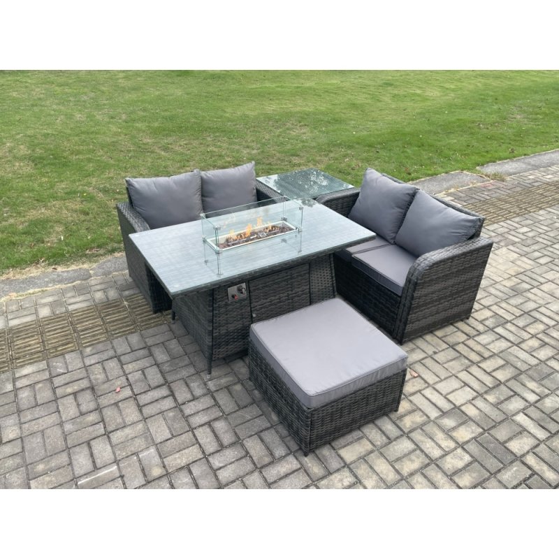 Fimous Rattan Garden Furniture Set with Gas Fire Pit Table 5 Pieces Outdoor Loveseat Sofa Set Dark Grey Mixed