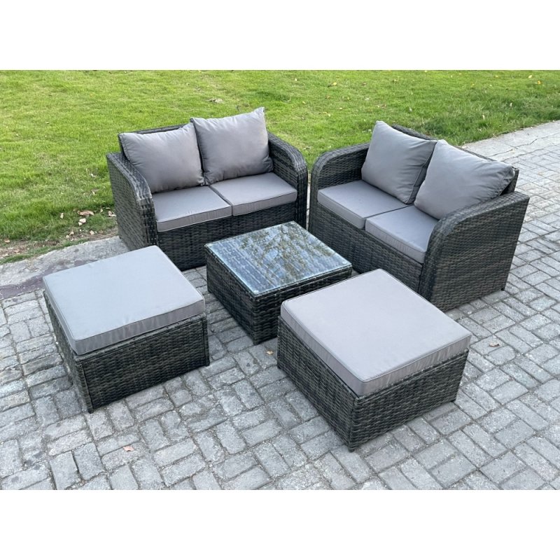 Fimous Rattan Sofa Set Outdoor Garden Furniture Set with Square Coffee Table Loveseat Sofa 2 Big Footstool Dark Grey Mixed
