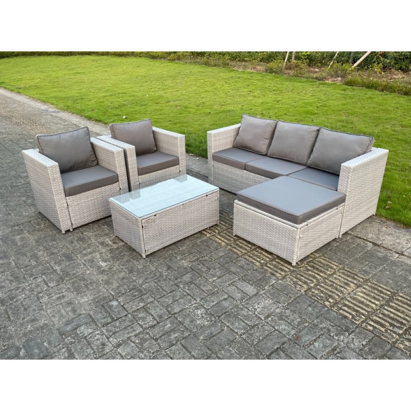 Fimous Light Grey Lounge Outdoor PE Rattan Garden Furniture Set Wicker Sofa Set Oblong Coffee Table With 2 Armchair
