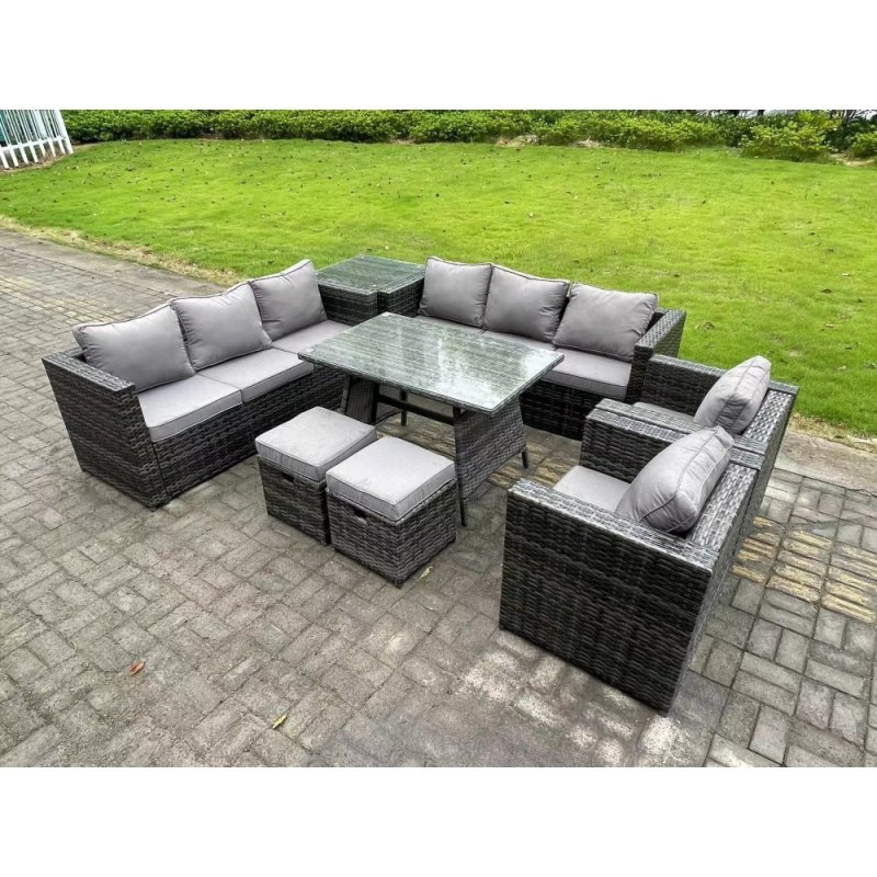 Fimous 10 Seater Wicker PE Rattan Outdoor Furniture Lounge Sofa Garden Dining Set with Dining Table Side Table Armchairs 2 Stools Dark Grey Mixed