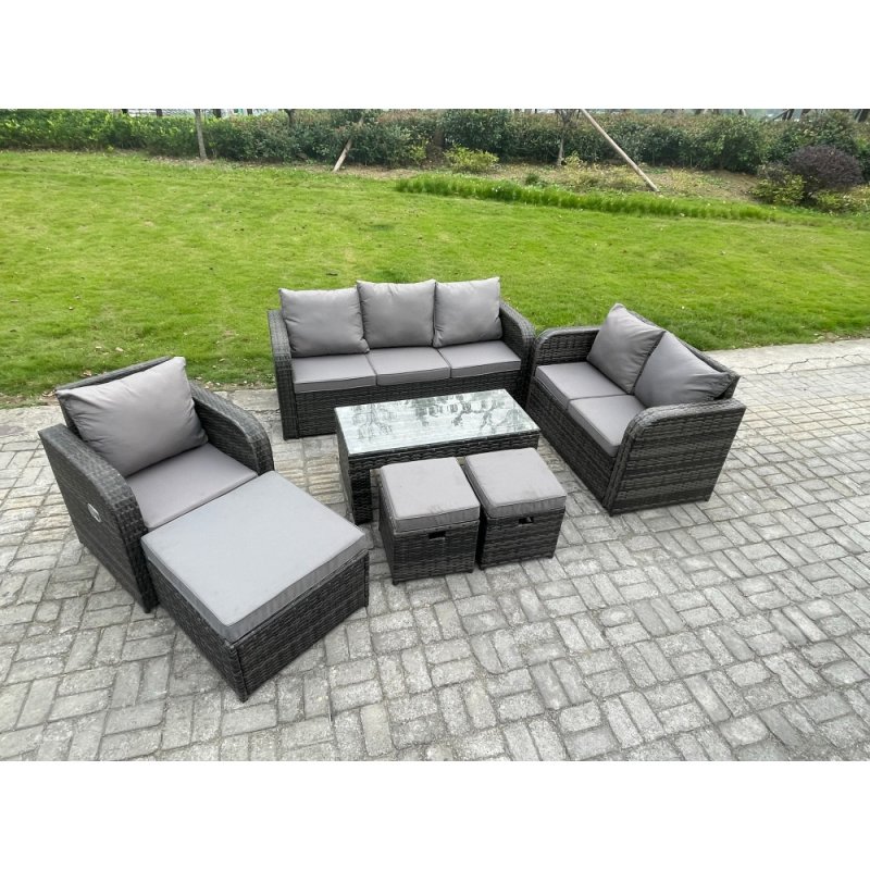 Fimous 9 Seater High Back Rattan Garden Furniture Set with Loveseat Sofa Rectangular Coffee Table 3 Footstools Indoor Outdoor Patio Lounge Sofa Set Dark Grey Mixed