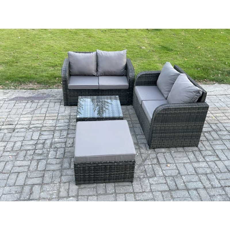 Fimous Rattan Sofa Set Outdoor Garden Furniture Set with Square Coffee Table Loveseat Sofa Big Footstool Dark Grey Mixed