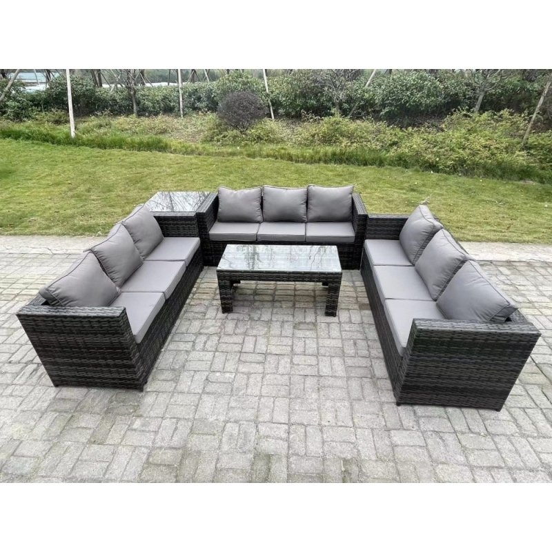 Fimous Outdoor Rattan Garden Furniture Lounge Sofa Set With Oblong Rectagular Coffee Table And Side Table