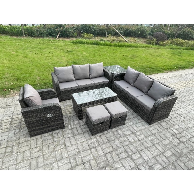 Fimous 9 Seater Outdoor Lounge Sofa Set Rattan Garden Furniture Set with Rectangular Coffee Table 2 Small Footstools 3 Seater Sofa Side Table Dark Grey Mixed