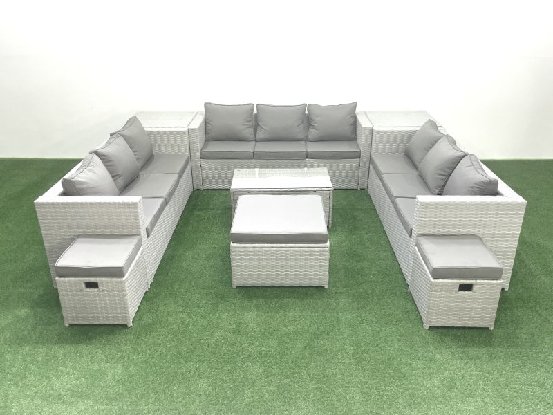 Fimous Rattan Garden Outdoor Furniture Set 12 Seater Garden Sofa Coffee Table Set with 3 Footstools 2 Side Tables Light Grey Mixed