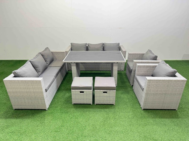 Fimous 10 Seater Wicker PE Rattan Furniture Outdoor Dining Table 3 Seater Sofa Armchair Set with 2 Small Stools Light Grey