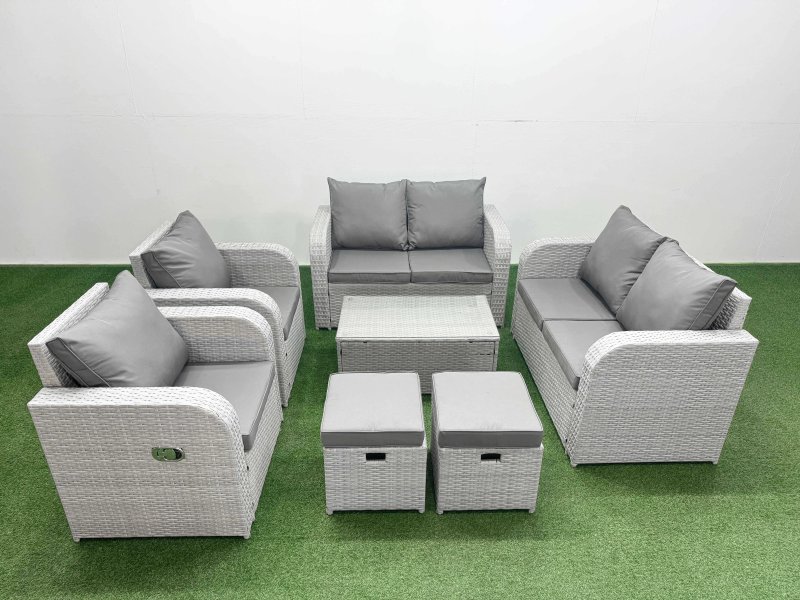 Fimous 8 Seater Outdoor Reclining Chair Love Sofa Set Rattan Garden Furniture Set with Rectangular Coffee Table 2 Stools Light Grey