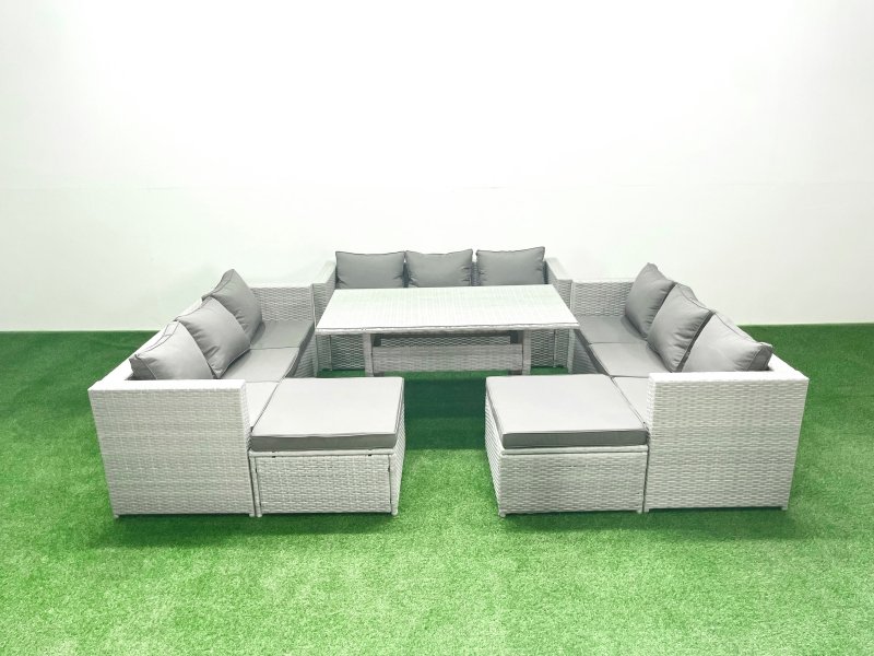 Fimous Rattan Garden Outdoor Furniture Set 11 Seater Garden Sofa Rectangulr Dining Table Set with 2 Big Footstools Light Grey Mixed