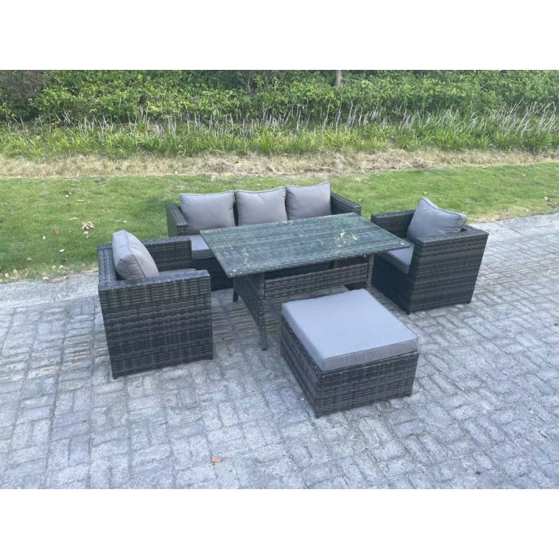 Fimous 6 Seater PE Wicker Rattan Garden Furniture Set Lounge Sofa Chair and Rectangular Dining Table Set Big Footstools Dark Grey Mixed