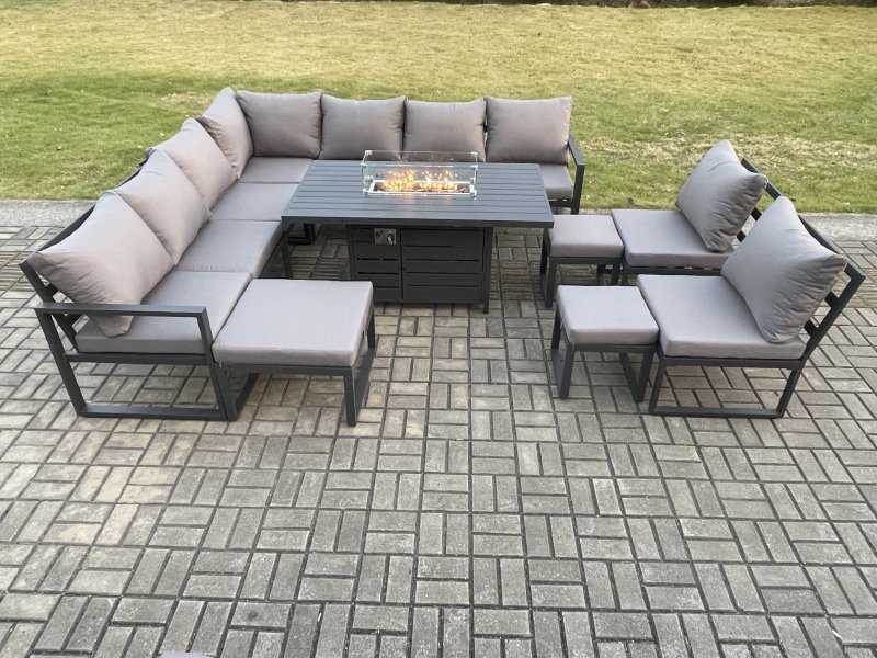 Fimous Aluminium 12 Seater Lounge Corner Sofa Outdoor Garden Furniture Sets Gas Fire Pit Dining Table Set with 3 Footstools Dark Grey