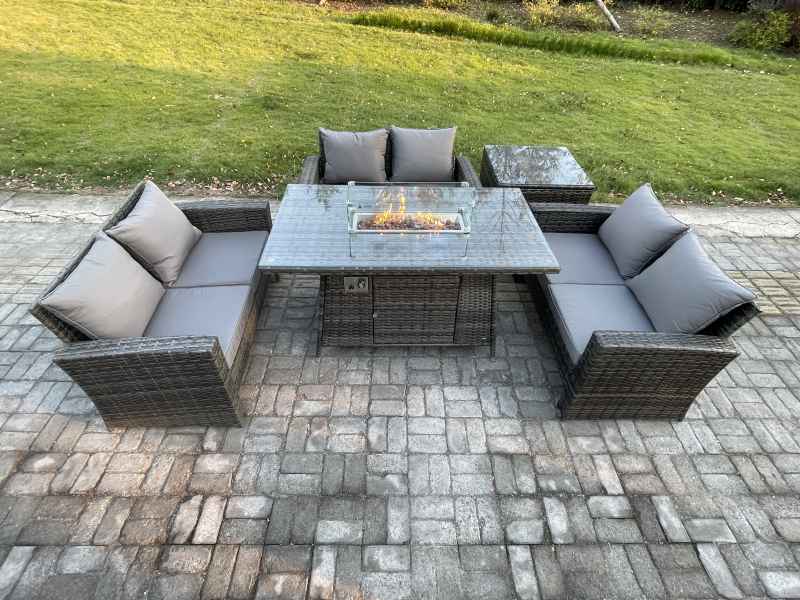 Fimous Outdoor Garden Dining Sets 6 Seater Rattan Patio Furniture Sofa Set with Gas Firepit Table Double Seat Sofa Side Table Dark Grey Mixed