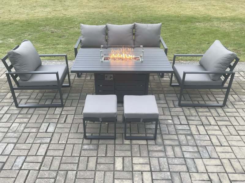 Fimous Aluminium Outdoor Garden Furniture Set Gas Fire Pit Dining Table Set Gas Heater Burner with 2 Arm Chair 2 Small Footstools Dark Grey 7 Seater