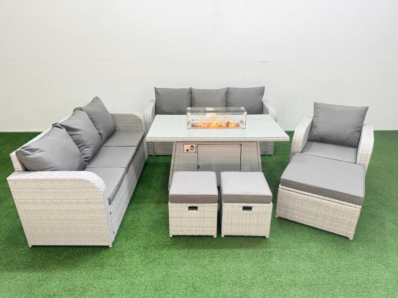 Fimous 10 Seater Poly Rattan Outdoor Garden Furniture Firepit Dining Table Sofa Set Patio 3 Seater Sofa Reclining Chair 3 Seater Sofa 3 Stools Light Grey
