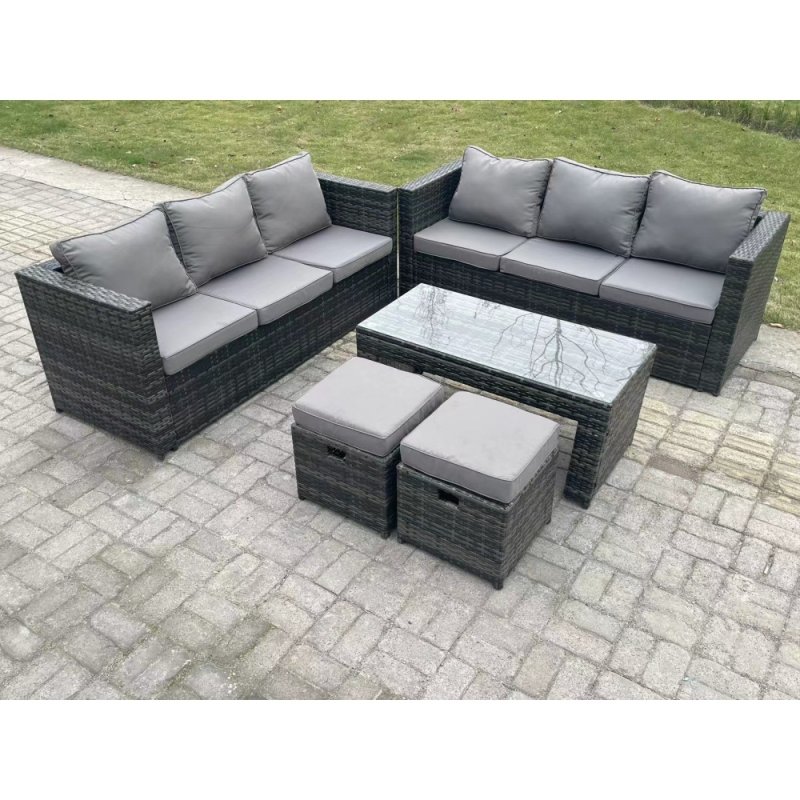 Fimous Outdoor Rattan Garden Furniture Lounge Sofa Set With Oblong Rectagular Coffee Table 2 Stools