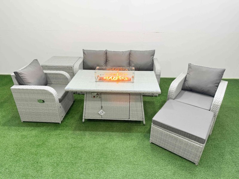 Fimous PE Rattan Garden Furniture Set Reclining Chair Sofa Lounge Sofa Set Firepit Dining Table Side Table Big Footstool Light Grey