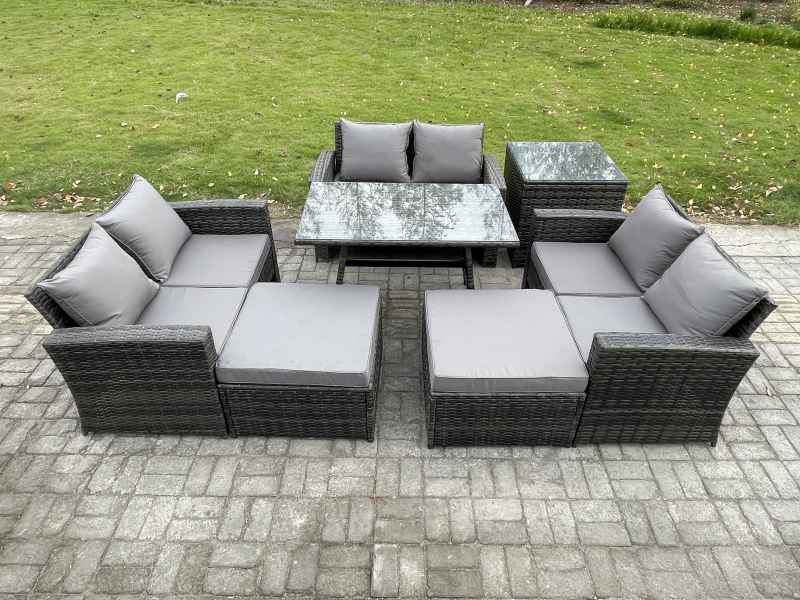 Fimous Outdoor Lounge Sofa Set Wicker PE Rattan Garden Furniture Set with Rectangular Dining Table 2 Seat Sofa 2 Big Footstool Side Table Dark Grey Mixed