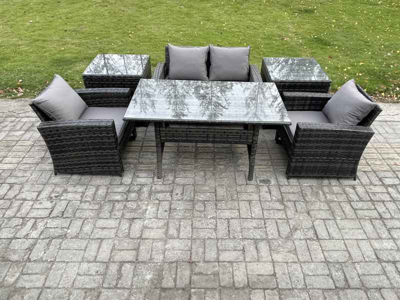 Fimous PE Wicker Outdoor Garden Furniture Set Patio Furniture Rattan Rectangular Dining Table Lounge Sofa with 2 Side Tables