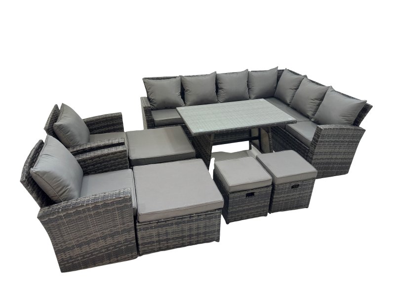 Fimous 12 Seater Garden Outdoor Rattan Furniture Set Rattan Corner Sofa Oblong Dining Table with 2 Armchairs 4 Footstools Dark Grey