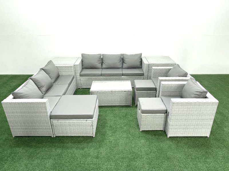 Fimous Outdoor Rattan Sofa Garden Furniture Set with 2 Armchairs Oblong Coffee Table 3 Footstools 2 Side Tables Light Grey Mixed