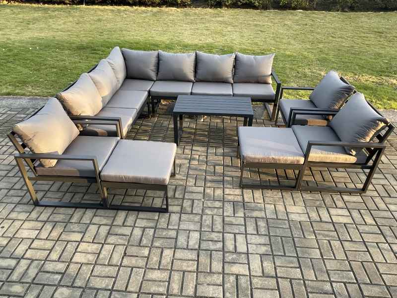 Fimous Aluminum 11 Seater Outdoor Lounge Corner Sofa Set Garden Furniture Sets with Oblong Coffee Table 3 Chairs 2 Big Footstools Dark Grey